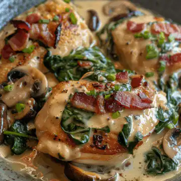 Smothered Chicken with Creamed Spinach, Bacon, and Mushrooms taken with iphone 15 pro max --iw 2 --ar 4:5 --v 6.0 --raw