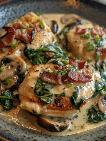 Smothered Chicken with Creamed Spinach, Bacon, and Mushrooms taken with iphone 15 pro max --iw 2 --ar 4:5 --v 6.0 --raw