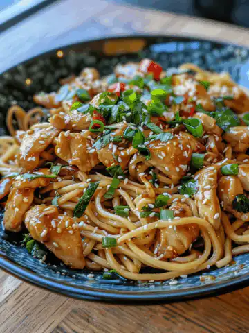 Sticky Garlic Chicken Noodles taken with iphone 15 pro max --iw 2 --ar 4:5 --v 6.0 --raw