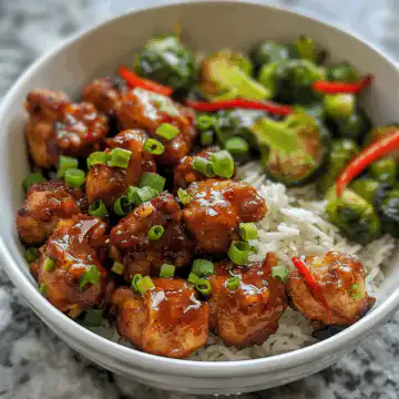 Sweet Chili Chicken and Brussels Sprouts Air Fryer Bowl taken with iphone 15 pro max --iw 2 --ar 4:5 --v 6.0 --raw