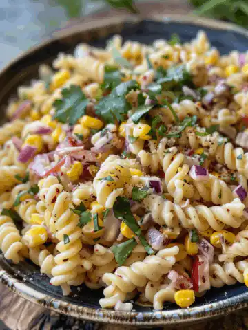 This Mexican Street Corn Pasta Salad taken with iphone 15 pro max --iw 2 --ar 4:5 --v 6.0 --raw