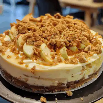 Apple Crumble Cheesecake taken with iphone 15 pro max --iw 2 --ar 4:5 --v 6.0 --raw