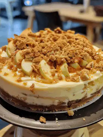 Apple Crumble Cheesecake taken with iphone 15 pro max --iw 2 --ar 4:5 --v 6.0 --raw