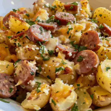 Cheesy Ranch Potatoes and Smoked Sausage taken with iphone 15 pro max --iw 2 --ar 4:5 --v 6.0 --raw