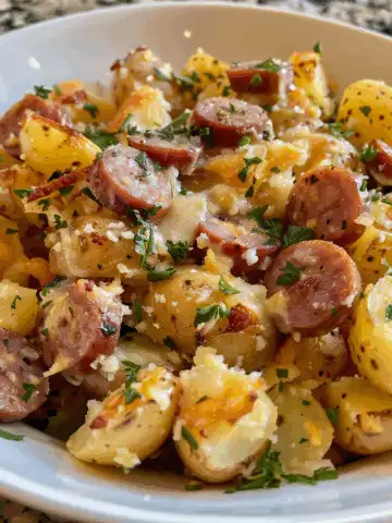 Cheesy Ranch Potatoes and Smoked Sausage taken with iphone 15 pro max --iw 2 --ar 4:5 --v 6.0 --raw