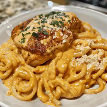Creamy Garlic Parmesan Chicken with Cheesy Twisted Pasta taken with iphone 15 pro max --iw 2 --ar 4:5 --v 6.0 --raw