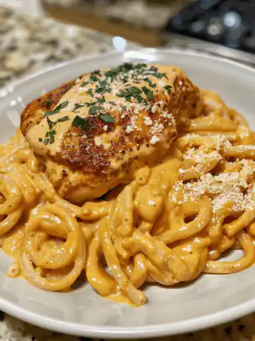 Creamy Garlic Parmesan Chicken with Cheesy Twisted Pasta taken with iphone 15 pro max --iw 2 --ar 4:5 --v 6.0 --raw