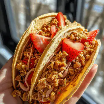 Strawberry Crunch Cheesecake Tacos taken with iphone 15 pro max --iw 2 --ar 4:5 --v 6.0 --raw