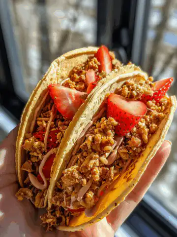 Strawberry Crunch Cheesecake Tacos taken with iphone 15 pro max --iw 2 --ar 4:5 --v 6.0 --raw