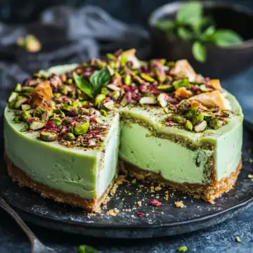Baklava Pistachio Cheesecake Recipe taken with iphone 15 pro max --iw 2 --ar 4:5 --v 6.1 --raw