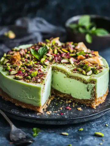Baklava Pistachio Cheesecake Recipe taken with iphone 15 pro max --iw 2 --ar 4:5 --v 6.1 --raw
