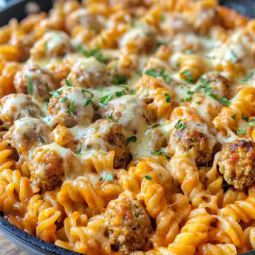 BBQ Ranch Meatball & Cheddar Pasta Skillet Recipe taken with iphone 15 pro max --iw 2 --ar 4:5 --v 6.1 --raw