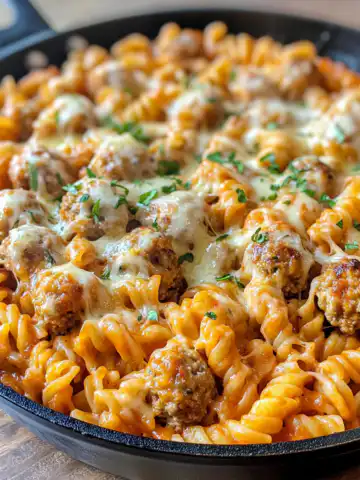 BBQ Ranch Meatball & Cheddar Pasta Skillet Recipe taken with iphone 15 pro max --iw 2 --ar 4:5 --v 6.1 --raw