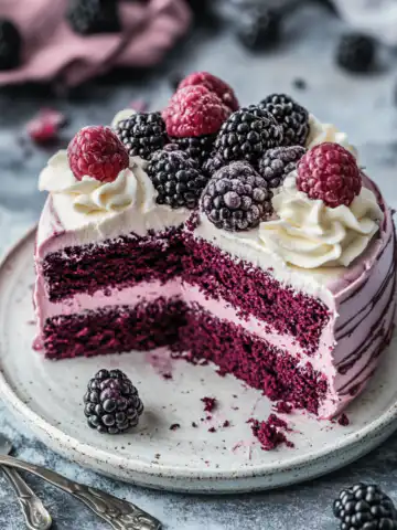 Blackberry Velvet Cake Recipe taken with iphone 15 pro max --iw 2 --ar 4:5 --v 6.1 --raw
