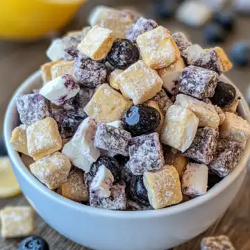 Blueberry Lemon Cheesecake Puppy Chow Recipe taken with iphone 15 pro max --iw 2 --ar 4:5 --v 6.1 --raw