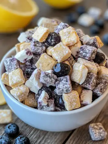 Blueberry Lemon Cheesecake Puppy Chow Recipe taken with iphone 15 pro max --iw 2 --ar 4:5 --v 6.1 --raw