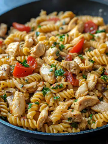 Cheesy Cajun Garlic Chicken Rotini Skillet Recipe taken with iphone 15 pro max --iw 2 --ar 4:5 --v 6.1 --raw