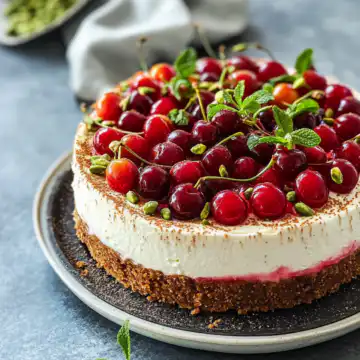 Cherry Pistachio Cheesecake Recipe taken with iphone 15 pro max --iw 2 --ar 4:5 --v 6.1 --raw