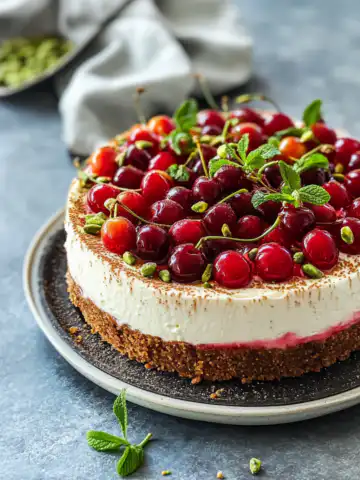 Cherry Pistachio Cheesecake Recipe taken with iphone 15 pro max --iw 2 --ar 4:5 --v 6.1 --raw