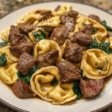 Cracked Garlic Steak Tortellini Recipe taken with iphone 15 pro max --iw 2 --ar 4:5 --v 6.1 --raw