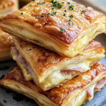 Crispy Ham & Cheese Puff Pastry Stacks Recipe taken with iphone 15 pro max --iw 2 --ar 4:5 --v 6.1 --raw