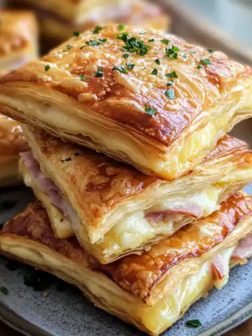 Crispy Ham & Cheese Puff Pastry Stacks Recipe taken with iphone 15 pro max --iw 2 --ar 4:5 --v 6.1 --raw