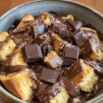 Decadent Gooey Chocolate Cream Cheese Bread Pudding Recipe taken with iphone 15 pro max --iw 2 --ar 4:5 --v 6.1 --raw
