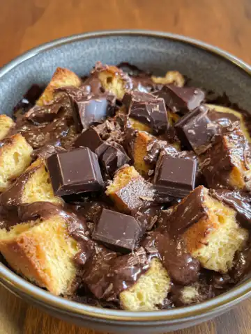 Decadent Gooey Chocolate Cream Cheese Bread Pudding Recipe taken with iphone 15 pro max --iw 2 --ar 4:5 --v 6.1 --raw