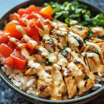Easy Chicken & Rice Bowls with Creamy Garlic Sauce Recipe taken with iphone 15 pro max --iw 2 --ar 4:5 --v 6.1 --raw