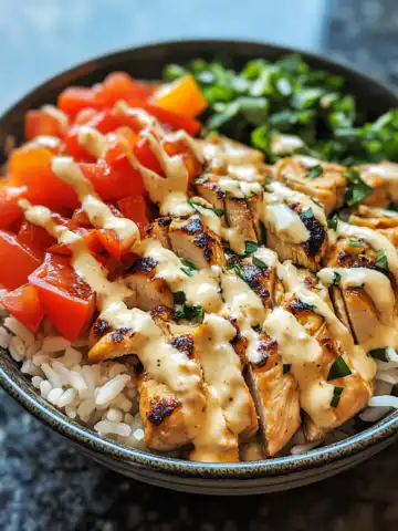 Easy Chicken & Rice Bowls with Creamy Garlic Sauce Recipe taken with iphone 15 pro max --iw 2 --ar 4:5 --v 6.1 --raw