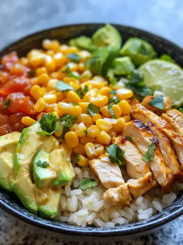 Easy Street Corn Chicken Rice Bowl Recipe taken with iphone 15 pro max --iw 2 --ar 4:5 --v 6.1 --raw