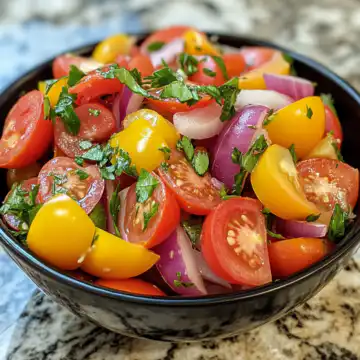 Fresh and Flavorful Tomato Garlic Salad Recipe taken with iphone 15 pro max --iw 2 --ar 4:5 --v 6.1 --raw