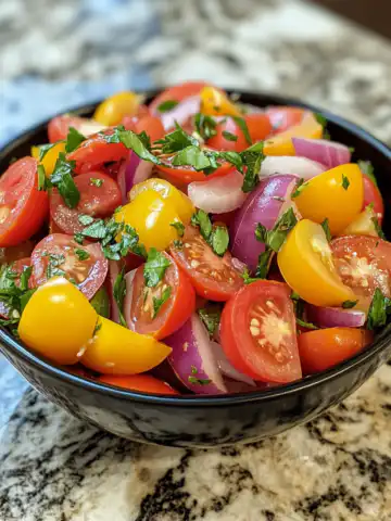 Fresh and Flavorful Tomato Garlic Salad Recipe taken with iphone 15 pro max --iw 2 --ar 4:5 --v 6.1 --raw