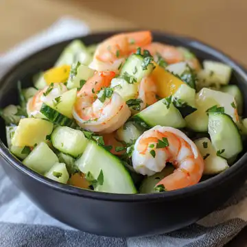 Fresh Cucumber Shrimp Salad Recipe taken with iphone 15 pro max --iw 2 --ar 4:5 --v 6.1 --raw