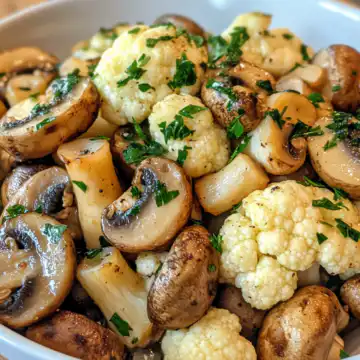Garlic Mushrooms & Cauliflower Recipe taken with iphone 15 pro max --iw 2 --ar 4:5 --v 6.1 --raw