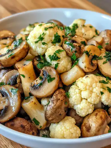 Garlic Mushrooms & Cauliflower Recipe taken with iphone 15 pro max --iw 2 --ar 4:5 --v 6.1 --raw