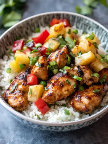Hawaiian Chicken with Coconut Rice Recipe taken with iphone 15 pro max --iw 2 --ar 4:5 --v 6.1 --raw