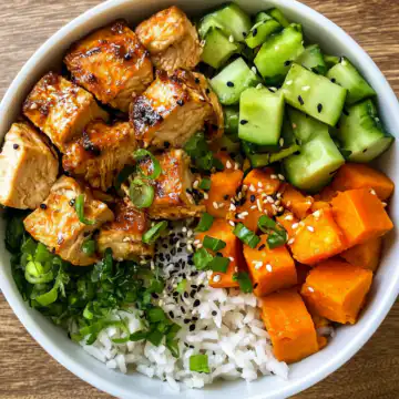 Healthy Chicken & Sweet Potato Rice Bowl Recipe taken with iphone 15 pro max --iw 2 --ar 4:5 --v 6.1 --raw