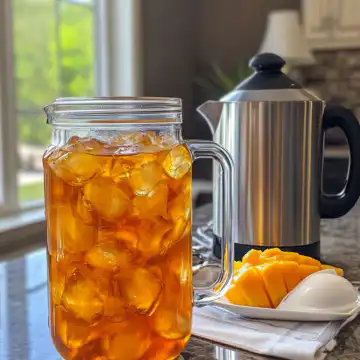 Homemade Mango Iced Tea Recipe taken with iphone 15 pro max --iw 2 --ar 4:5 --v 6.1 --raw