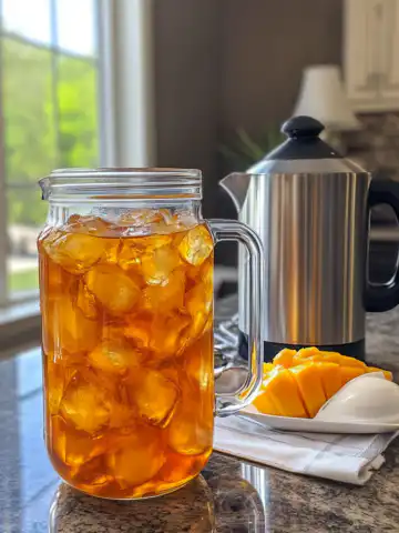 Homemade Mango Iced Tea Recipe taken with iphone 15 pro max --iw 2 --ar 4:5 --v 6.1 --raw