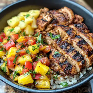 Jerk Chicken Bowl with Pineapple Salsa Recipe taken with iphone 15 pro max --iw 2 --ar 4:5 --v 6.1 --raw