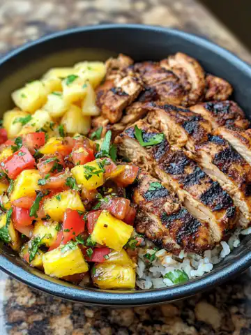 Jerk Chicken Bowl with Pineapple Salsa Recipe taken with iphone 15 pro max --iw 2 --ar 4:5 --v 6.1 --raw