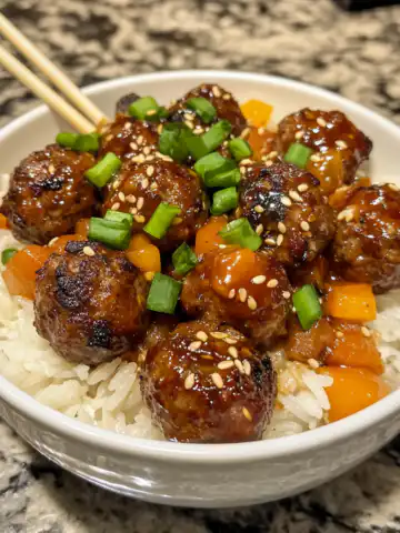 Korean BBQ Meatball Rice Bowls Recipe taken with iphone 15 pro max --iw 2 --ar 4:5 --v 6.1 --raw