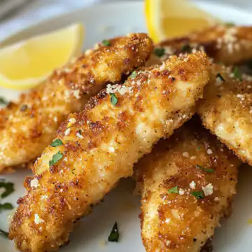 Lemon Garlic Parmesan Chicken Tenders Recipe taken with iphone 15 pro max --iw 2 --ar 4:5 --v 6.1 --raw