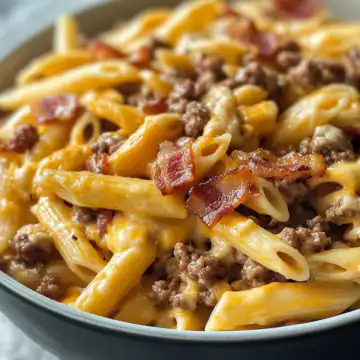 Loaded Bacon Cheeseburger Pasta Recipe taken with iphone 15 pro max --iw 2 --ar 4:5 --v 6.1 --raw