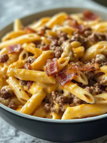 Loaded Bacon Cheeseburger Pasta Recipe taken with iphone 15 pro max --iw 2 --ar 4:5 --v 6.1 --raw