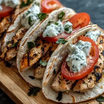 Mediterranean Chicken Gyros with Creamy Feta Tzatziki Recipe taken with iphone 15 pro max --iw 2 --ar 4:5 --v 6.1 --raw