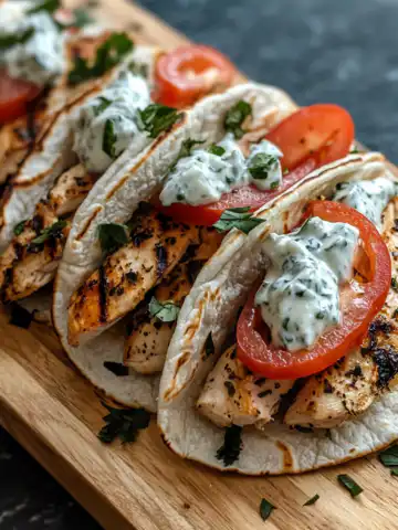 Mediterranean Chicken Gyros with Creamy Feta Tzatziki Recipe taken with iphone 15 pro max --iw 2 --ar 4:5 --v 6.1 --raw