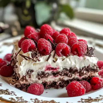Raspberry Chocolate Lasagna Dessert Recipe taken with iphone 15 pro max --iw 2 --ar 4:5 --v 6.1 --raw