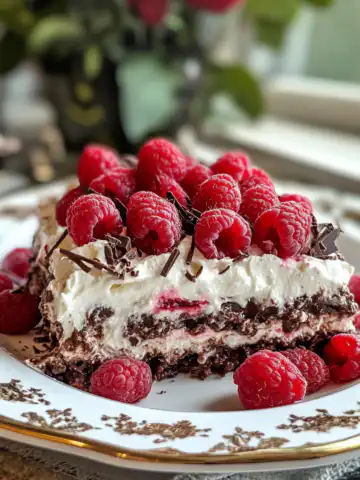Raspberry Chocolate Lasagna Dessert Recipe taken with iphone 15 pro max --iw 2 --ar 4:5 --v 6.1 --raw